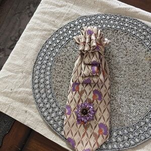 Elegant Purple and Cream Scarf with Brooch